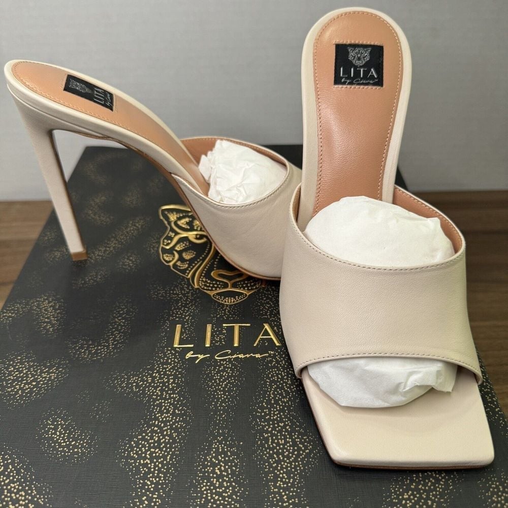 Lita by Ciara Square Toe Cream Slide Italian Leather Stiletto Heel EU 39/US 8.5