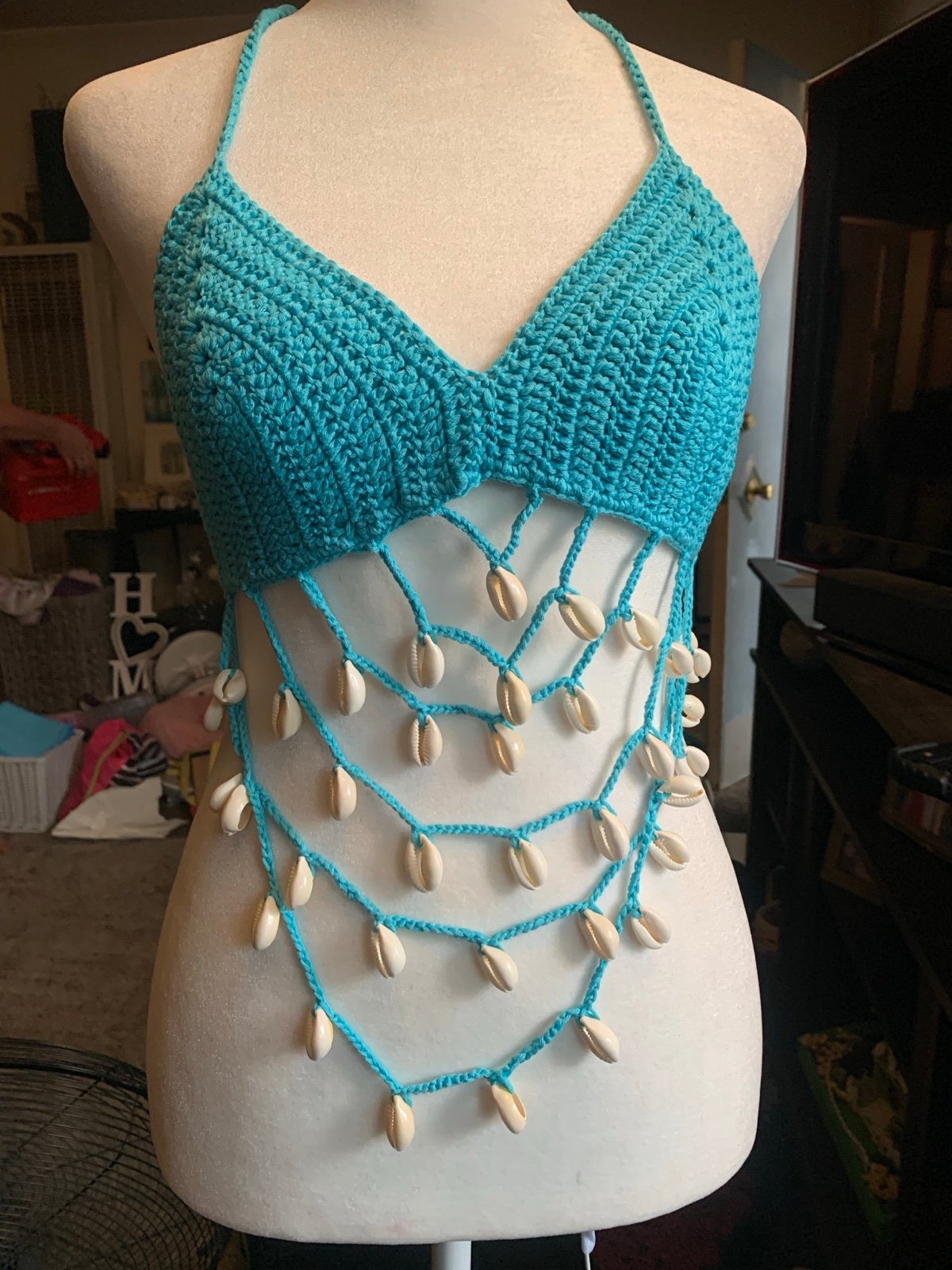 Y2k seashell crochet tropical beaded halter top
