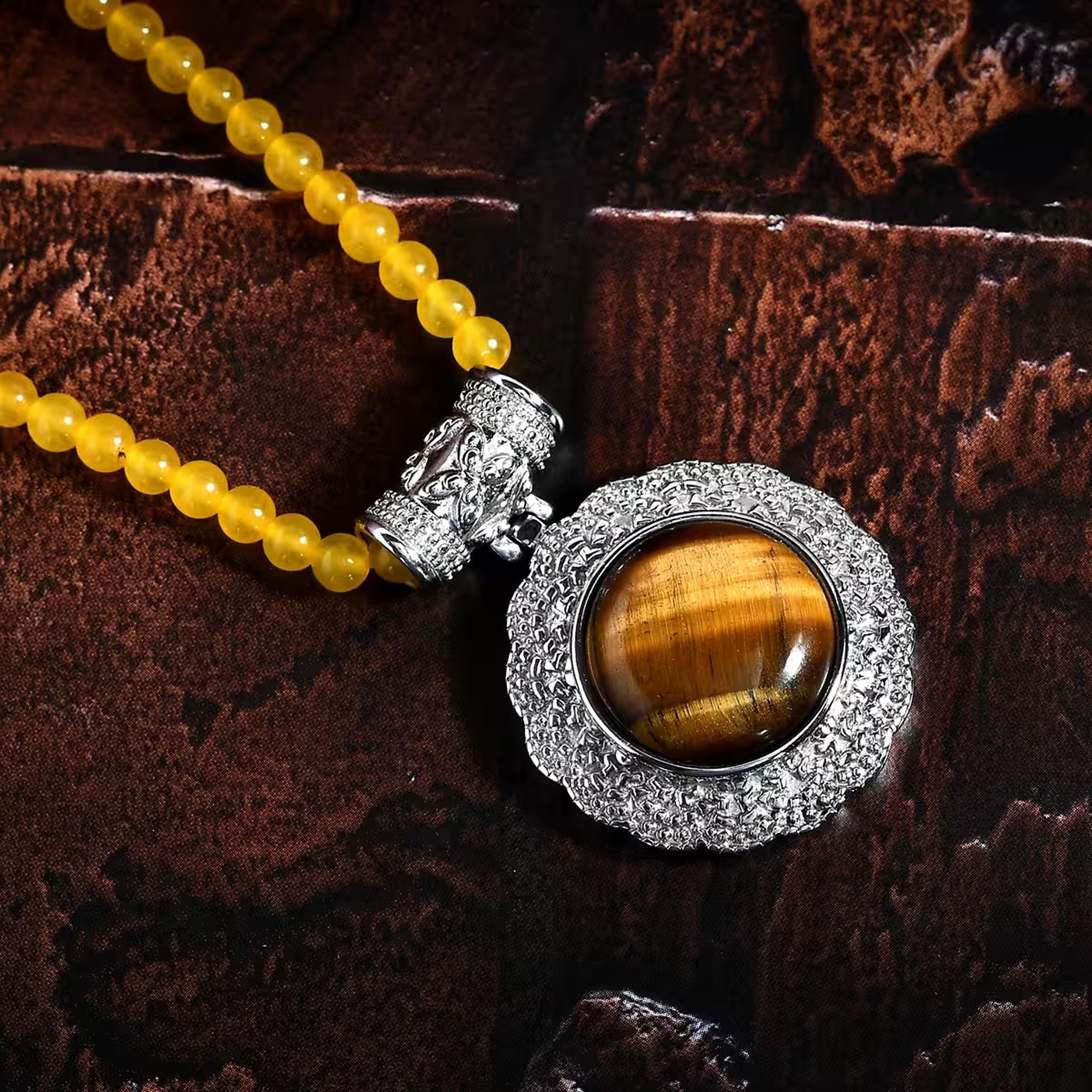 Tiger's Eye Pendant with Yellow Quartzite Beaded Necklace 20” E473