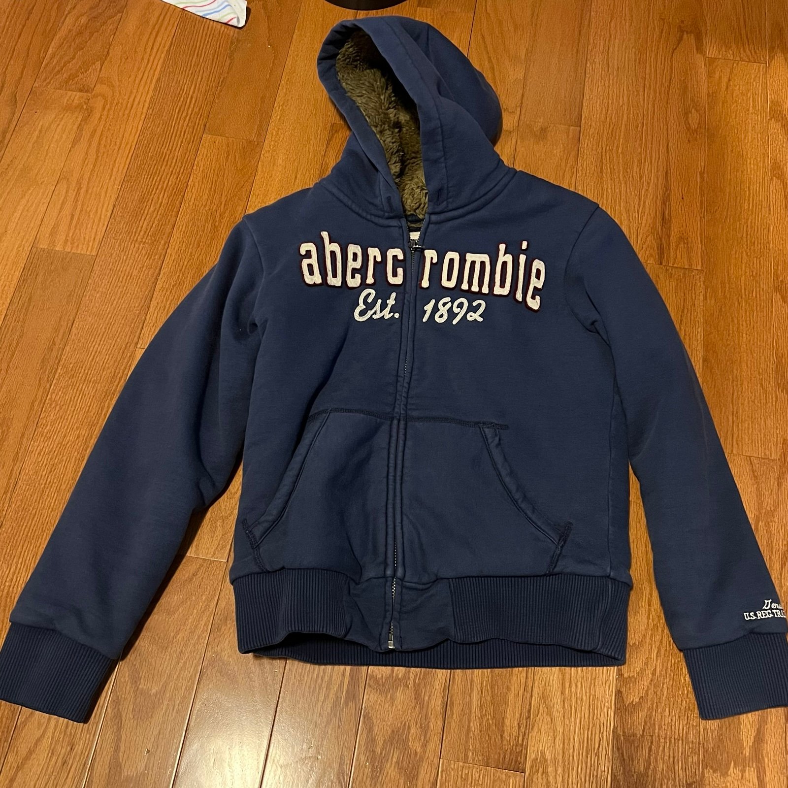 Vintage ABERCROMBIE Kids Blue Zip Up Hoodie Jacket with Fur lining Size Medium M