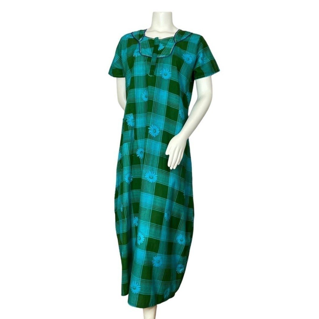 Vintage Plaid Muumuu Dress Daisy Floral Green Blue Maxi Short Sleeves Housedress