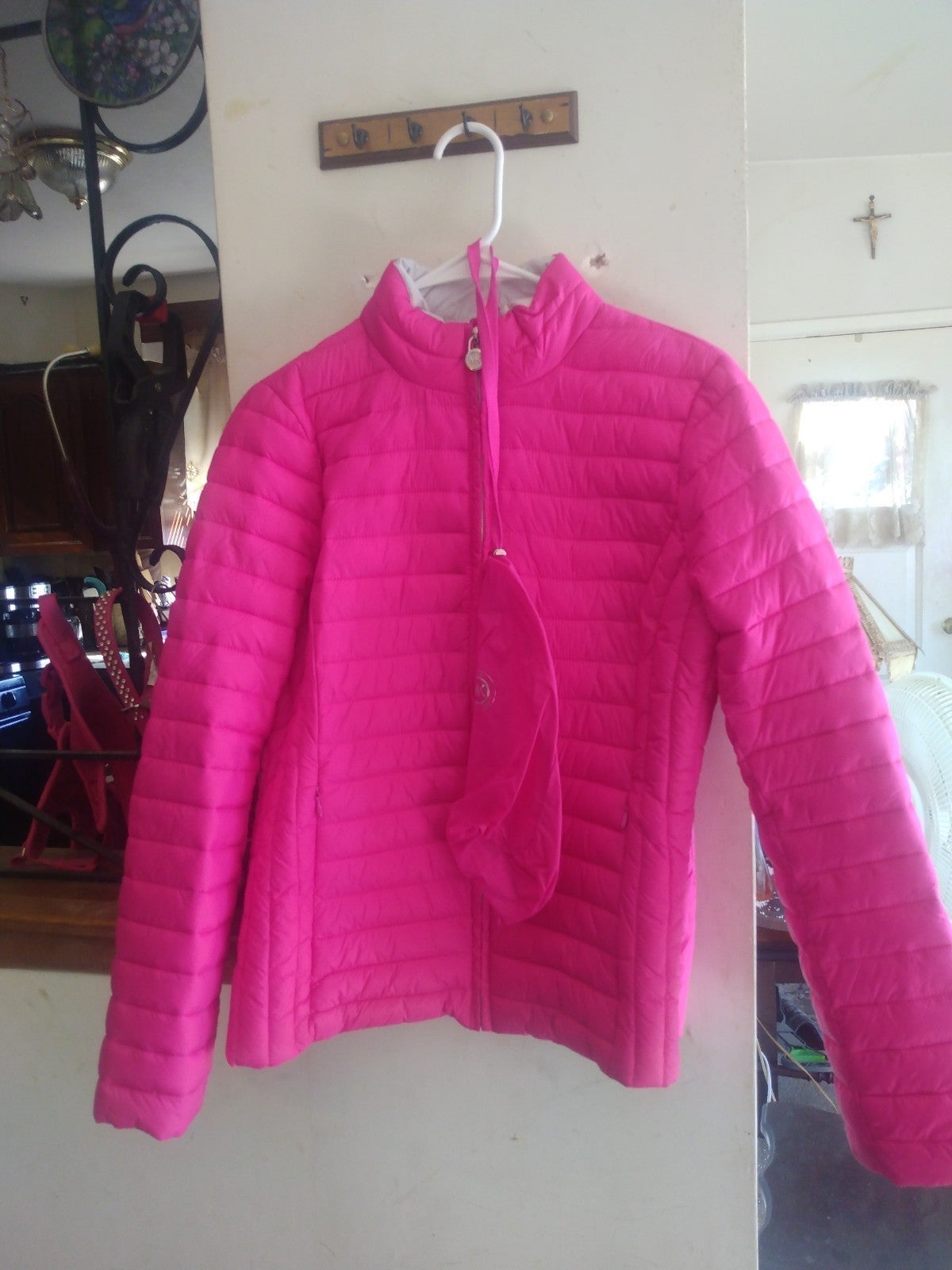 Michael Kors Fushia Pink Lined Grey Puffer Coat Size Medium Like New