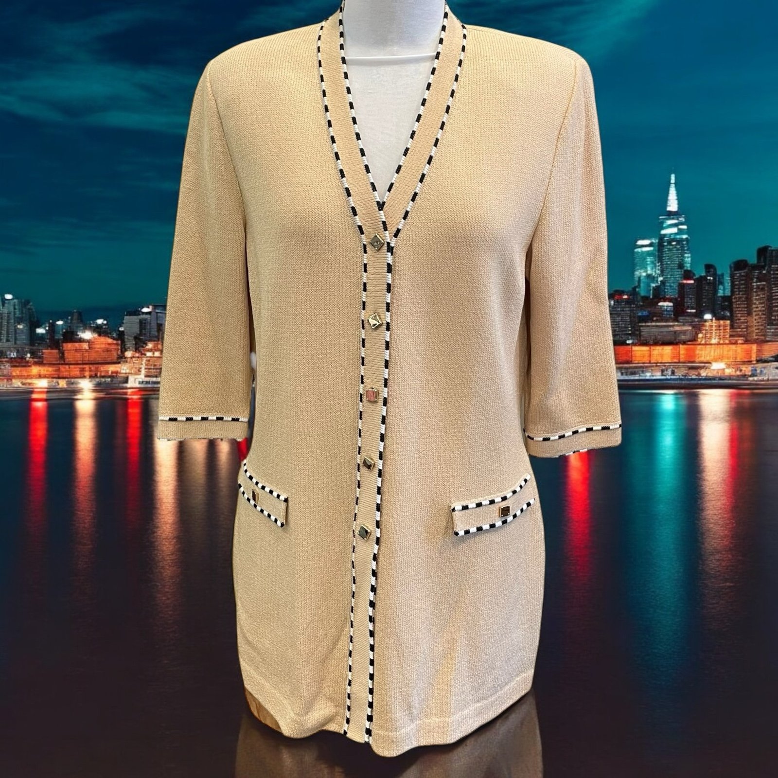 ST. JOHN Collection By Marie Gray Knit Cardigan Blazer Sweater 6 Tan Vintage