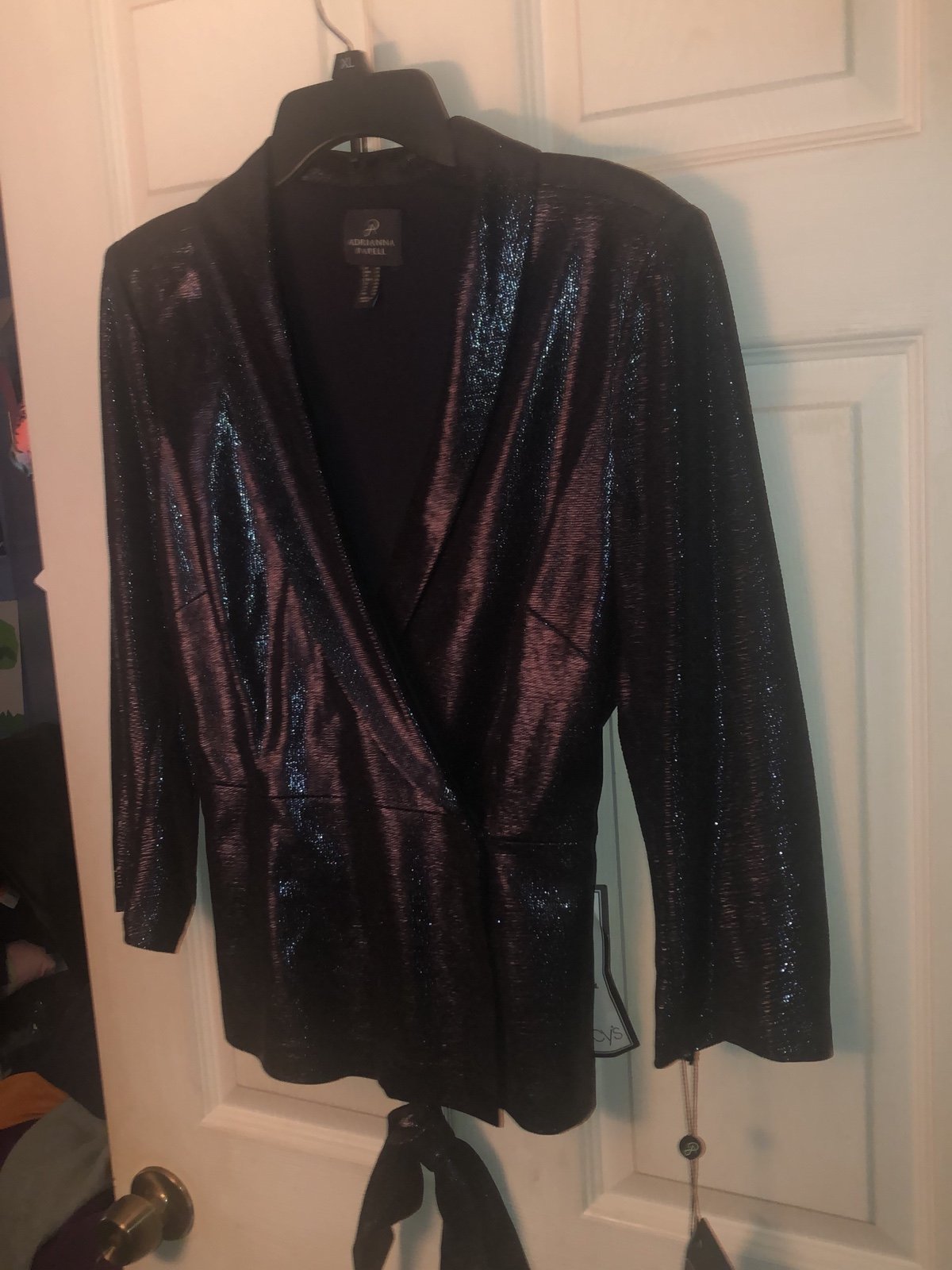 Naby blue wrap around shinny top