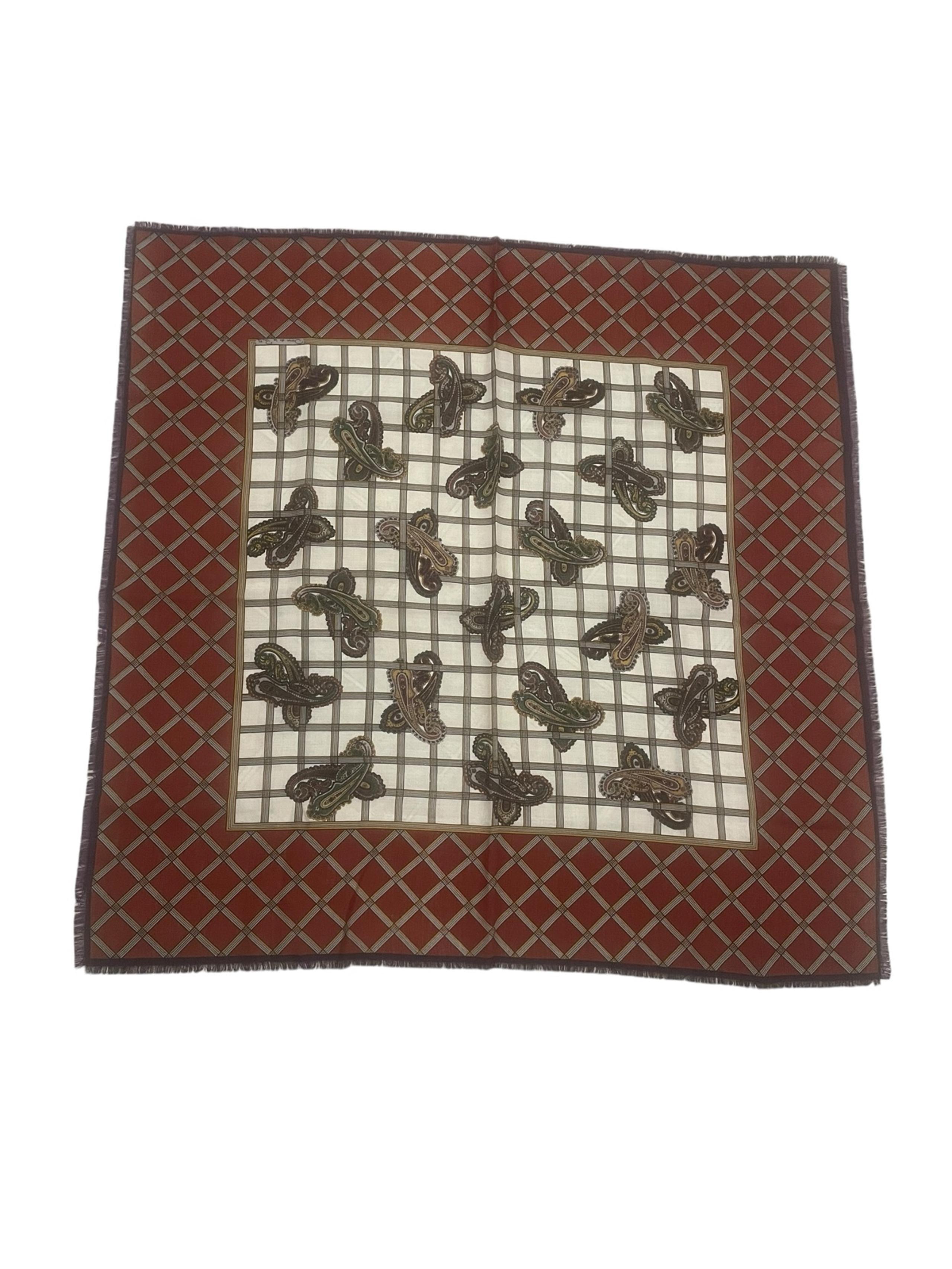 VTG Oscar de la Renta Multicolor "Paisley Checkboard" 100% Wool Scarf Japan 30”