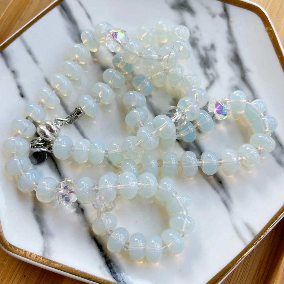 NWT, Artisan Gemstone & Glass Bead Necklace, Simulated Moonstone, Upcycled White