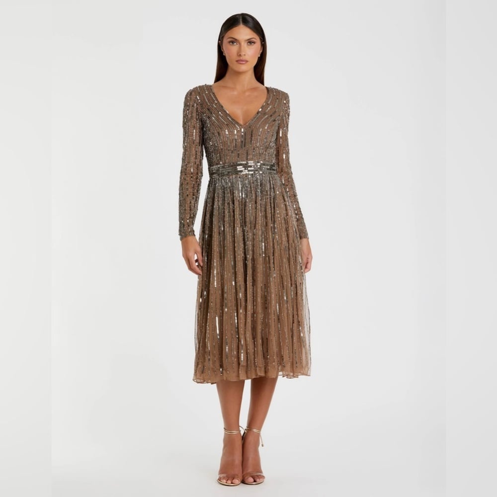 Size 12 MAC DUGGAL 5528 NWT Brown Long Sleeve Tea Length Dress