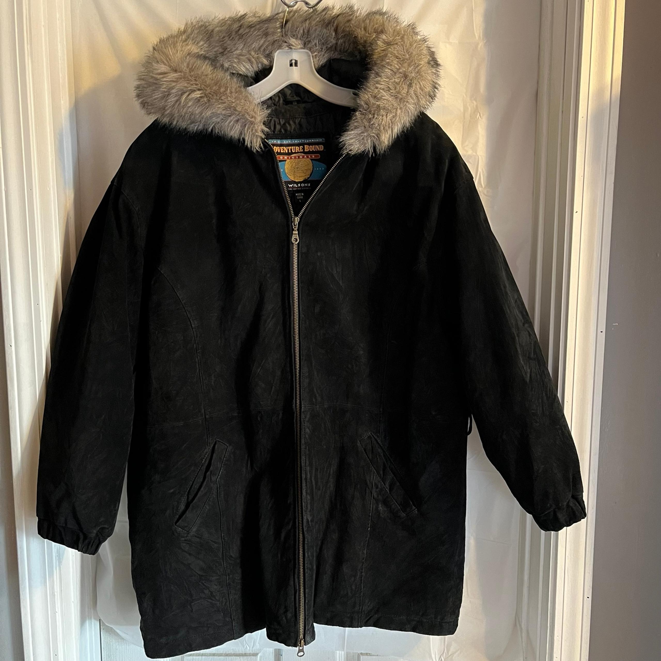Wilsons Adventure Bound Suede Leather Vtg Parka Womens Size Large Black Heavy