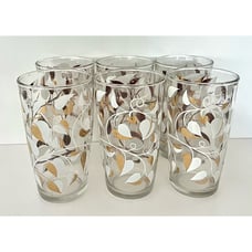 MCM Gold and White Floating Leaf Pattern Glassware Collection (6)