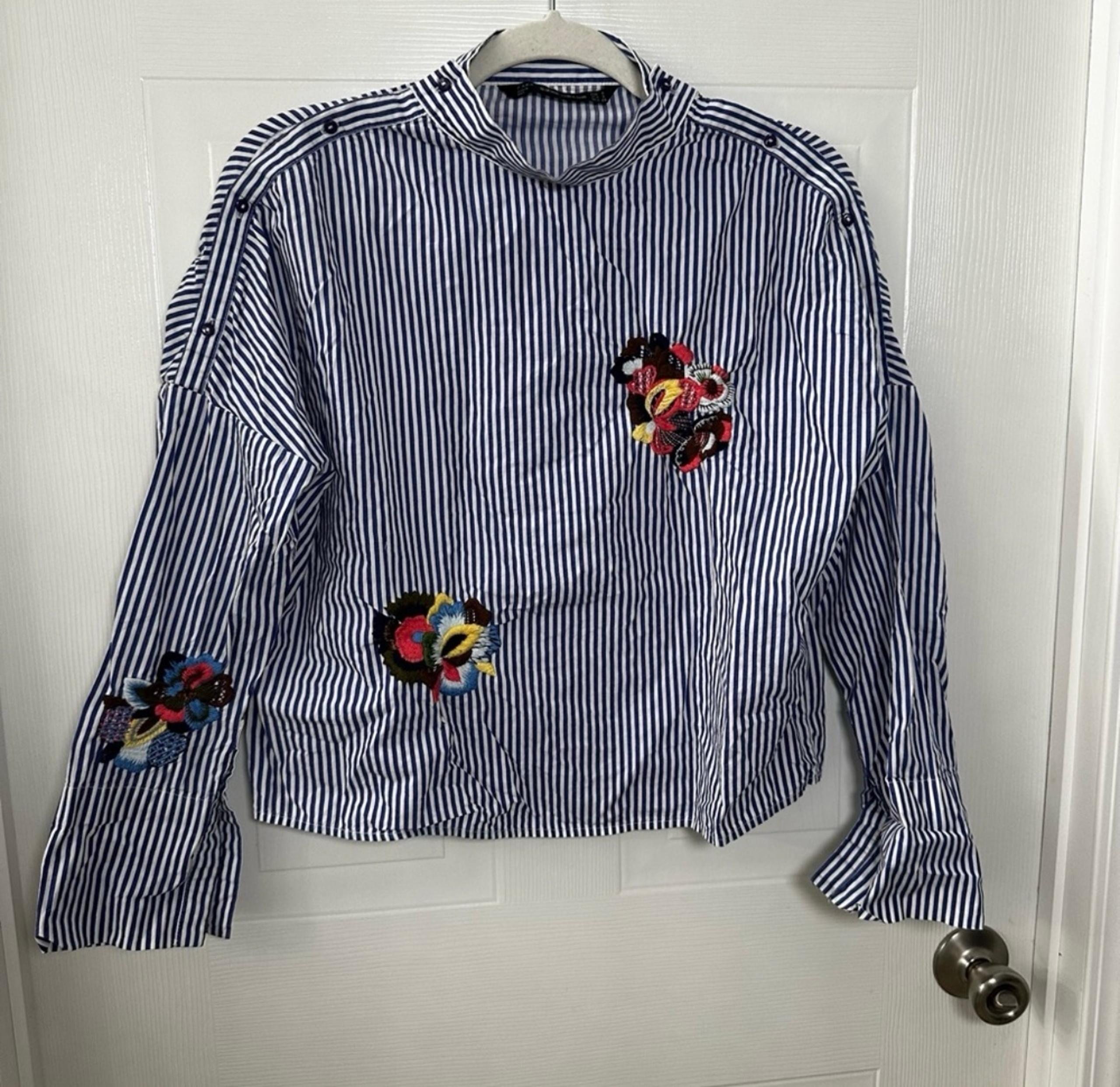 Zara Trafaluc Striped Floral Embroidered Blouse S Boho Indie Preppy Cotton