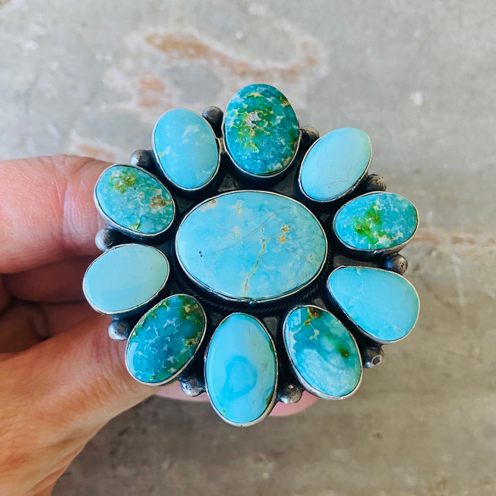 Navajo Lorenzo Juan Sterling Silver & Sonoran Gold Turquoise Cluster Ring