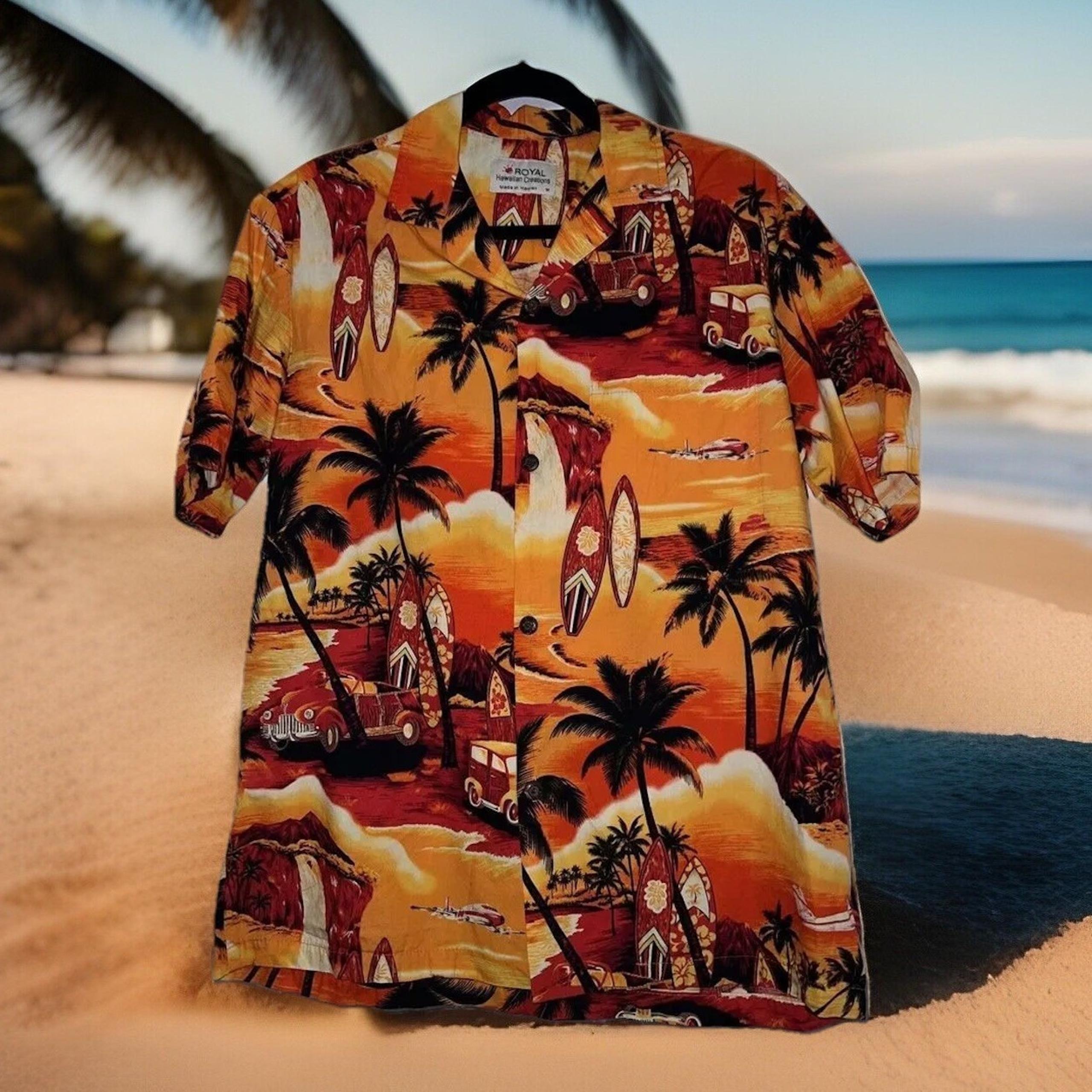 Royal Creations Hawaiian Shirt Vivid Orange and Yellow Surfboard Woody Plane M