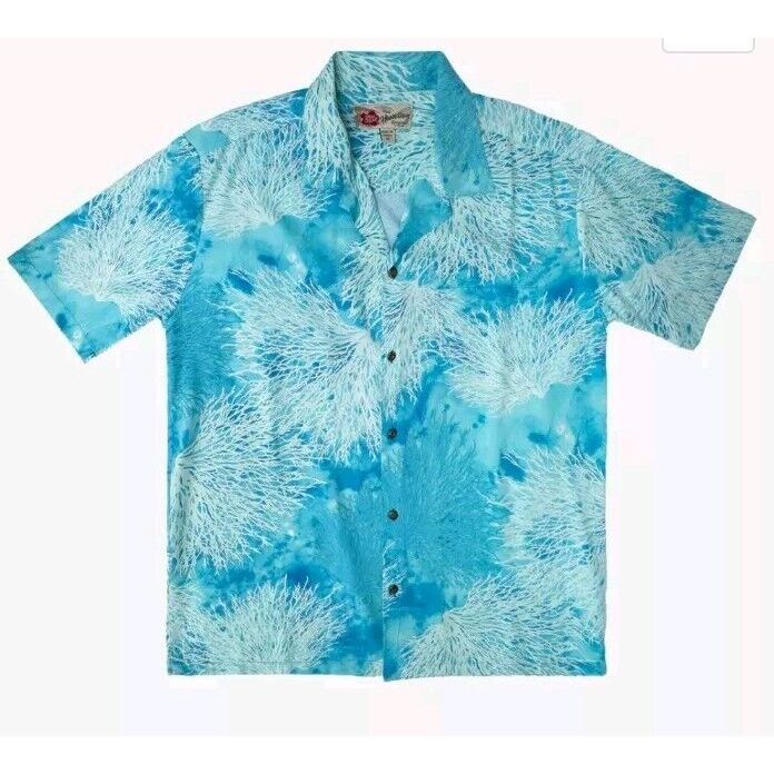 Hilo Hattie Aloha Shirt Mens XL Coral Print Blue White Hawaiian Vacation Resort