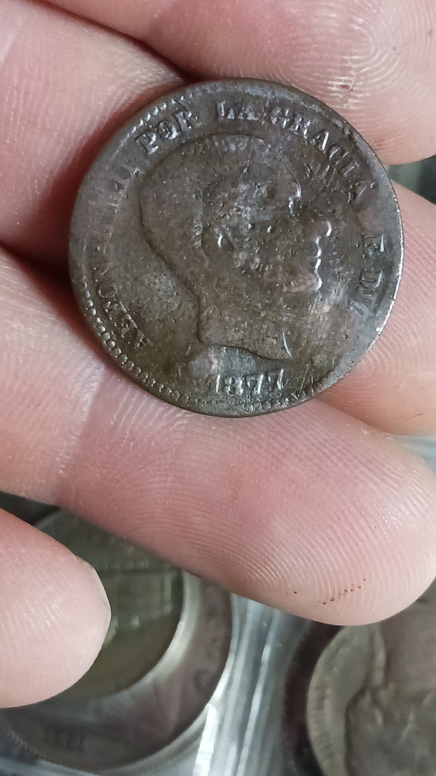 Rare 1877 Cinco Centimos A/Nuc Very Good