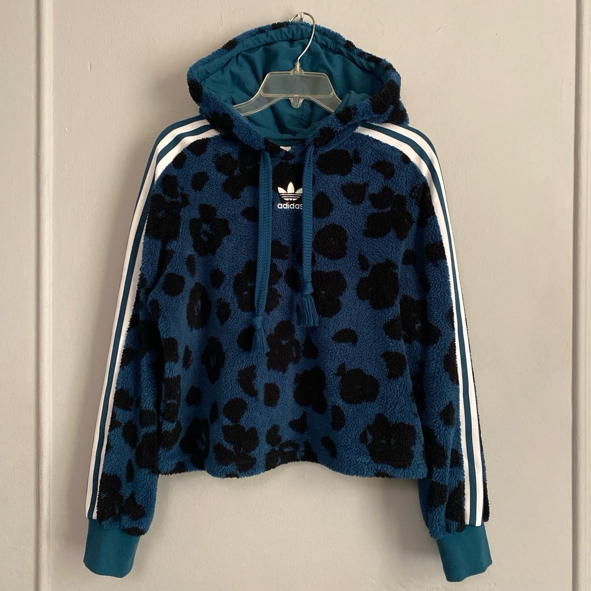 ADIDAS ORIGINALS Teal Blue Crop Sherpa Hoodie Sweatshirt M