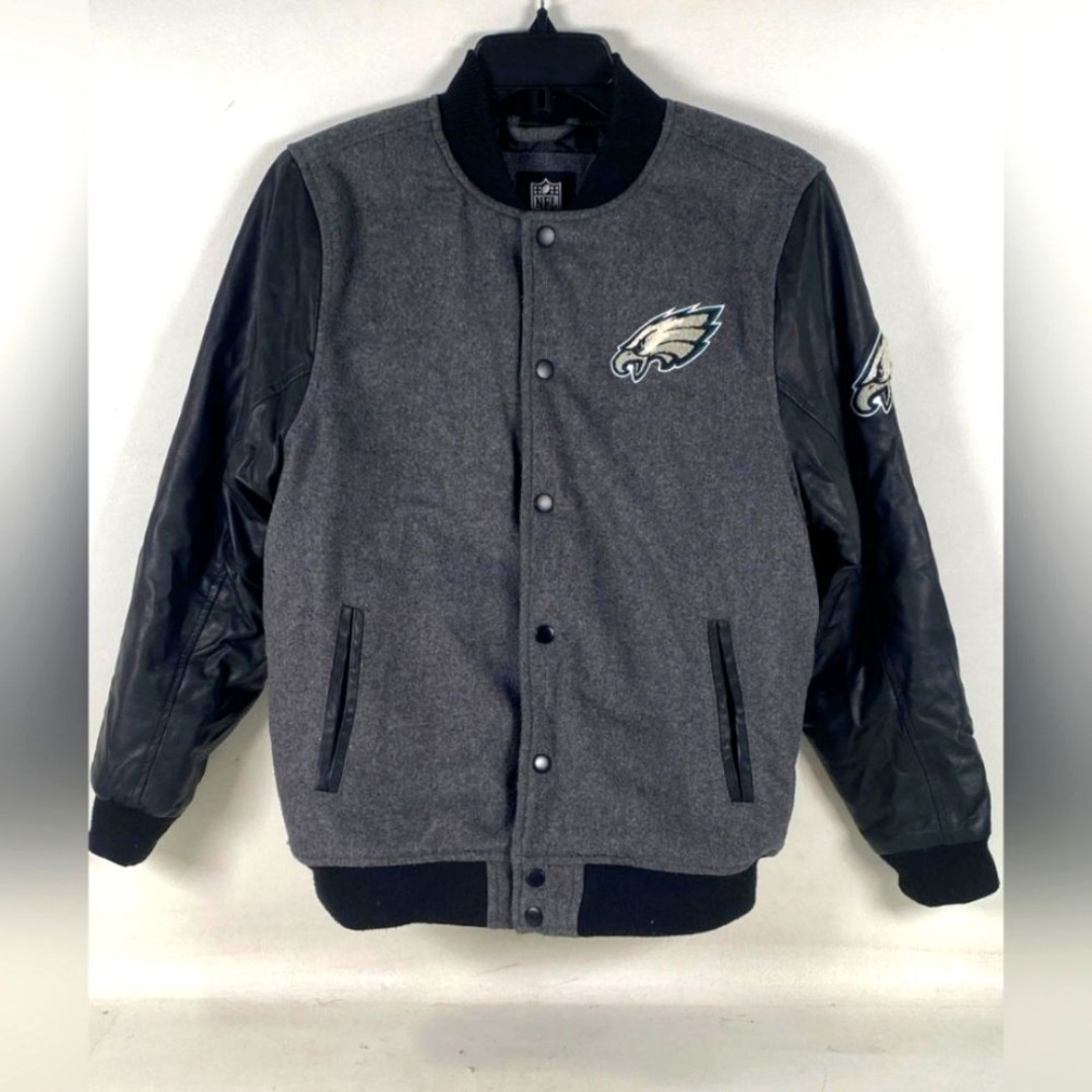 NFL Philadelphia Eagles Grey Black Faux Leather Varsity Jacket Youth XL (18-20)