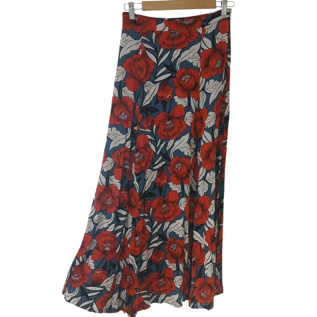 Lulu's Red and Blue Midi A-Line Skirt Back to Your Roots Red Floral Dual Slit