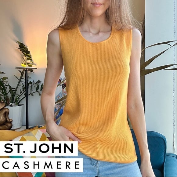 St. John Cashmere Orange Sleeveless Sweater Top L