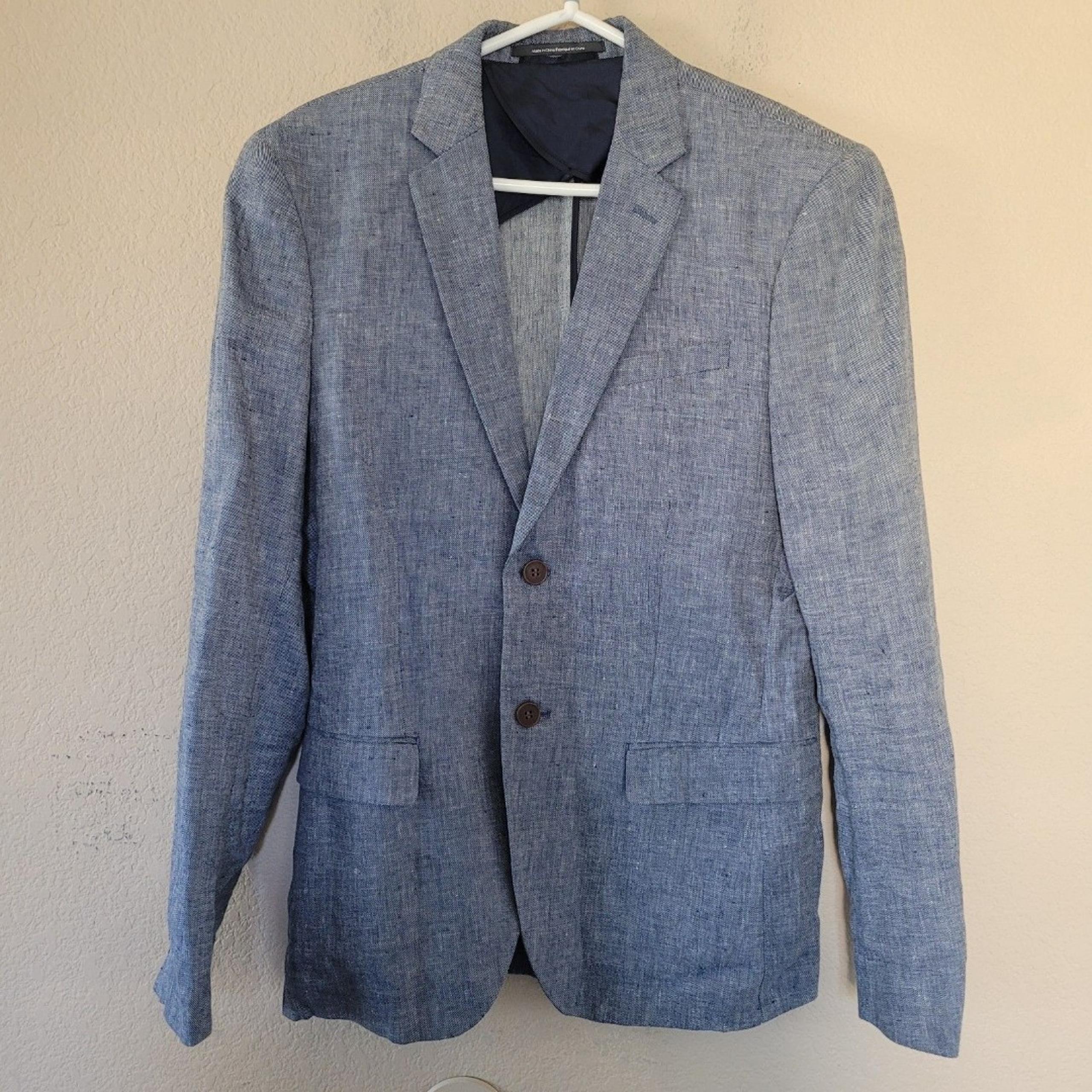 100% Linen Mens Blue Sport Coat Blazer Jacket Sz 40R Elbow Patches Two Button HM