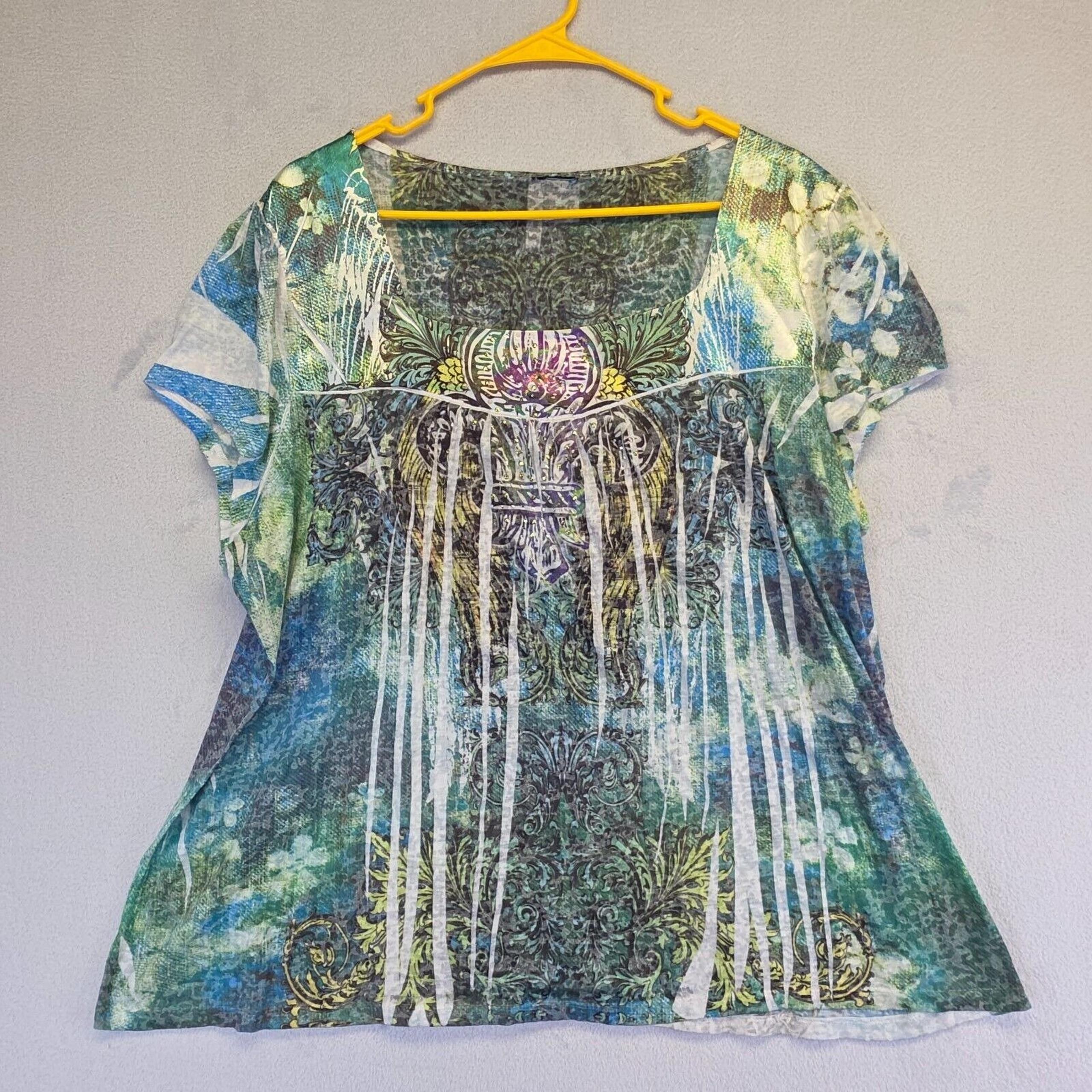Fairy Top Womens 1X Green Y2K Fairy Grunge Rhinestone Burnout Tattoo Whimsigoth