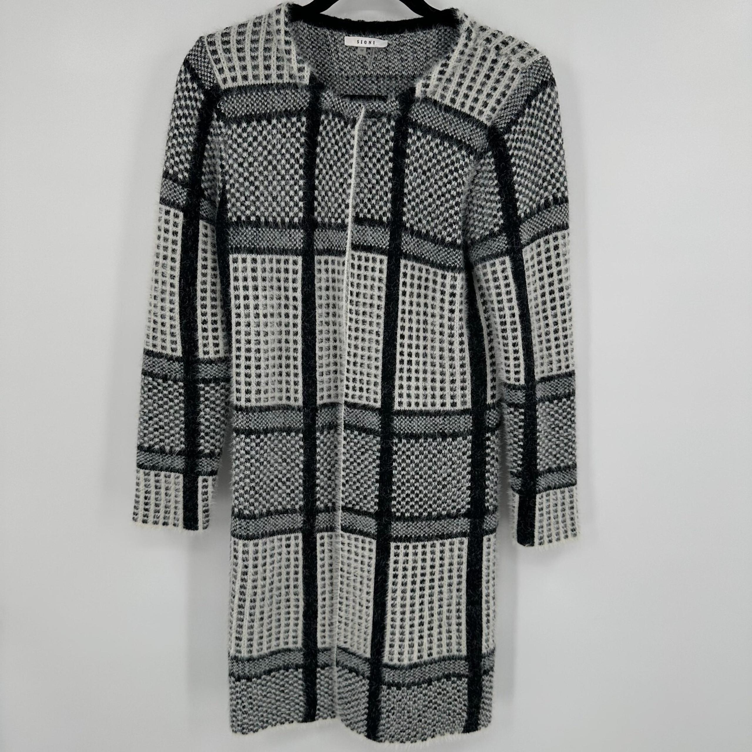 Sioni Sweater Coat Women's Medium Gray Plaid Fuzzy Fluffy Long Sleeve Open Front