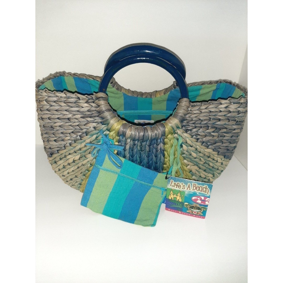 Sun N Sand Woven Bali Beach Basket Tote Bag Summer Vacay Resort Blue Green