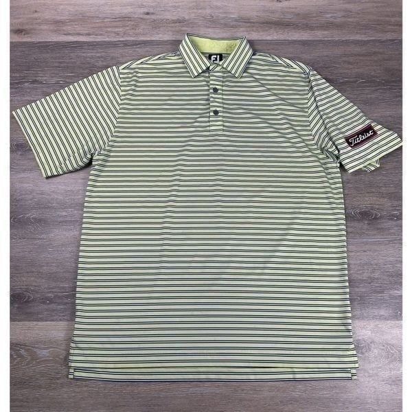 FootJoy Golf Shirt Polo Titleist Logo Patch Large Green Striped Polyester
