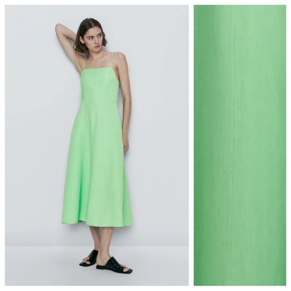 NWT. Massimo Dutti Light Green Viscose/Linen Blend Strappy Midi Dress. Size XS.