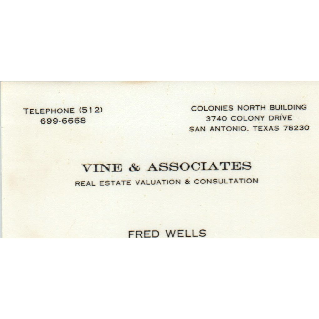 Fred Wells Vine & Associates Realty San Antonio TX Vintage Business Card SD8-B2
