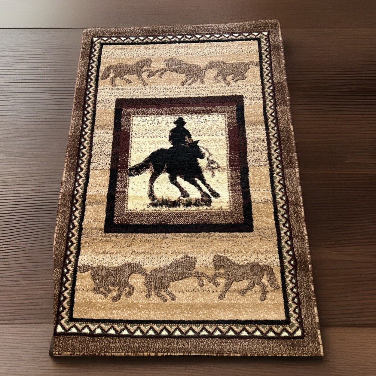 REEM BROWN RUG WESTERN HORSESRIDERS RUNNER MADE TURKEY 31x47