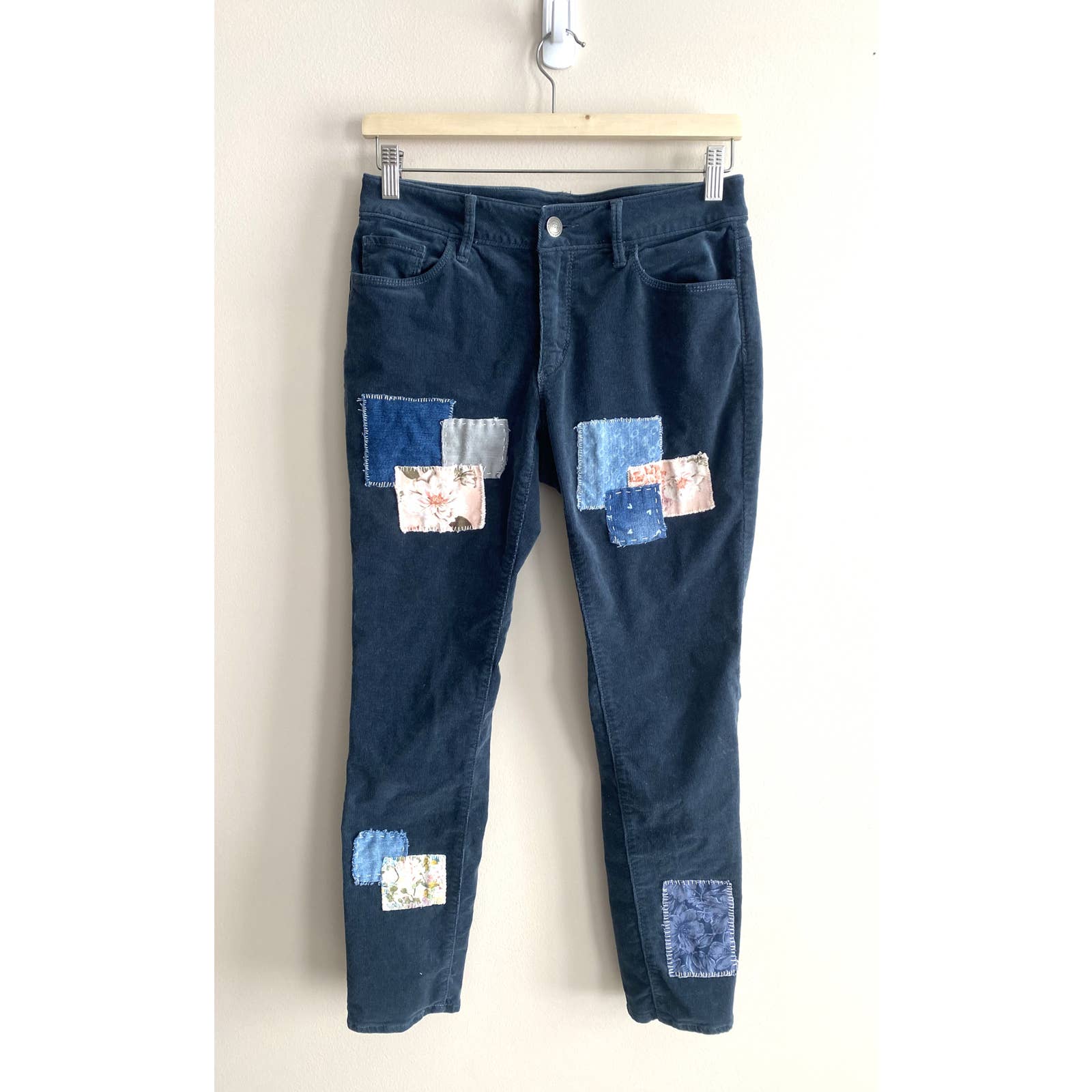 Loft Curvy Skinny Turquoise Corduroy Patchwork Patches Pants Size 6 28