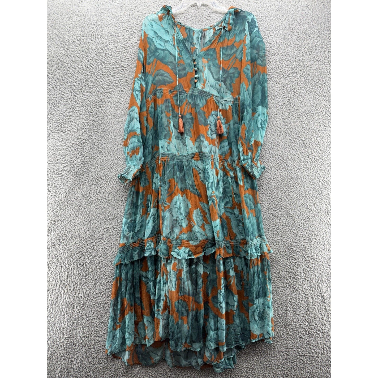 Anthropologie XS The Marais Floral Chiffon Maxi Dress Long Sleeves Boho Teal New