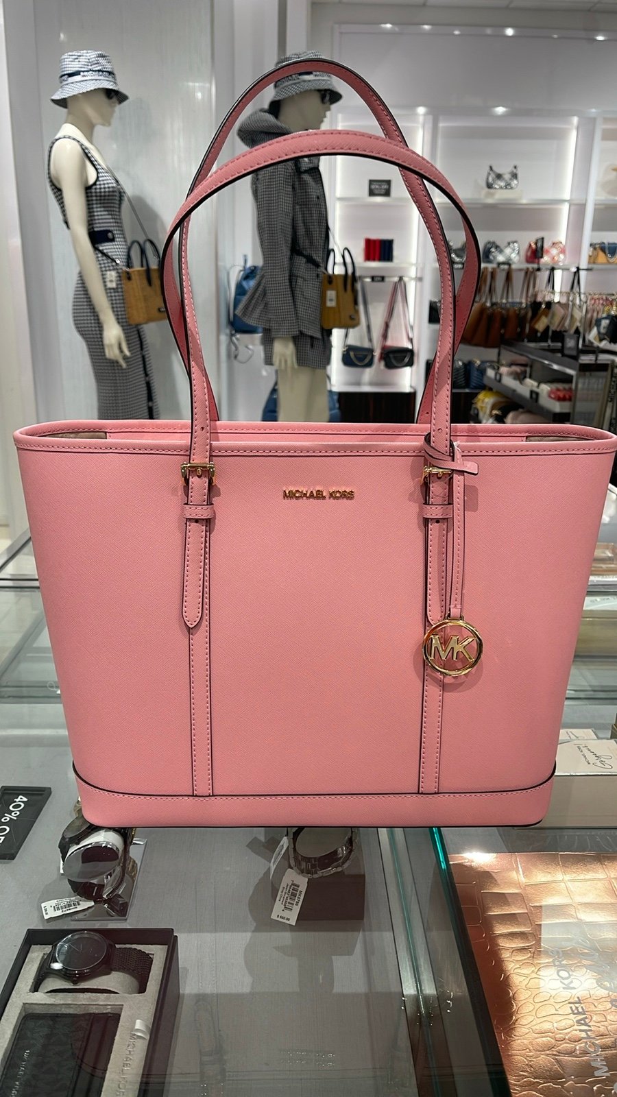 MICHAEL KORS Jet Set Travel Lg Top Zip Shoulder Tote Saffiano Leather Carnation
