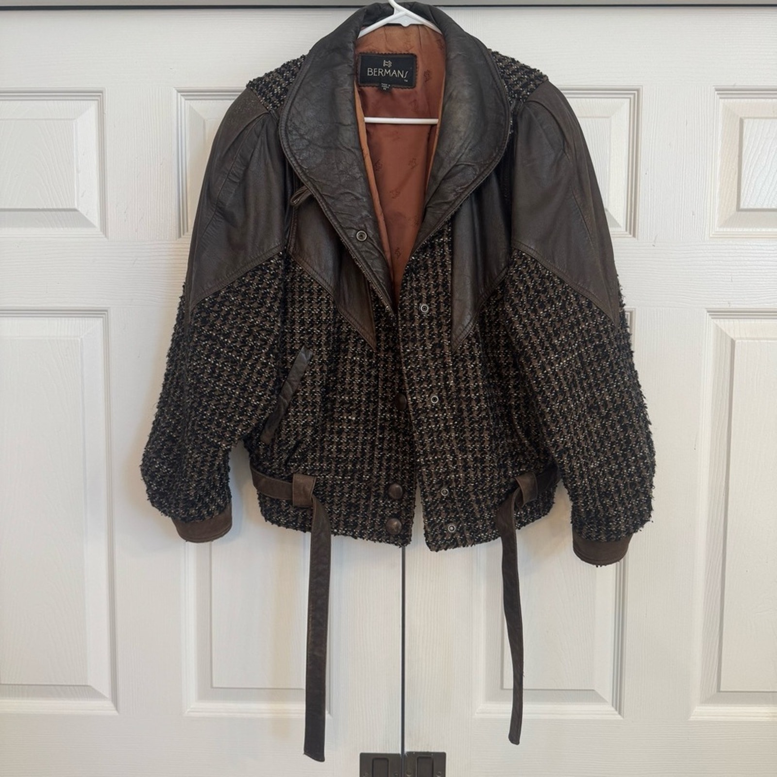 Vintage 80’s Bermans Women’s Brown Leather Houndstooth Tweed Jacket Coat Size M