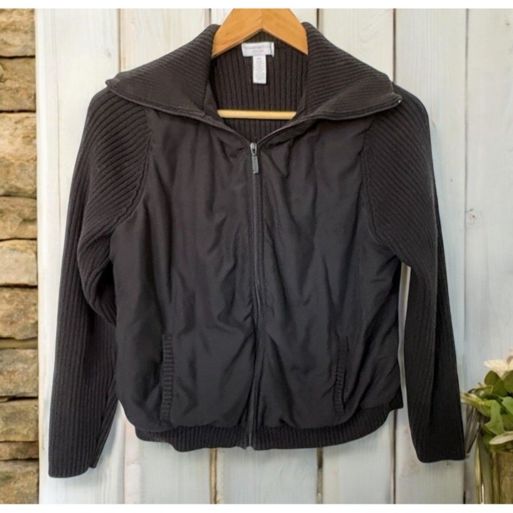 Charter Club Black Zip Up Sweater Petite Womens P/L Ribbed Jacket Long Sleeves
