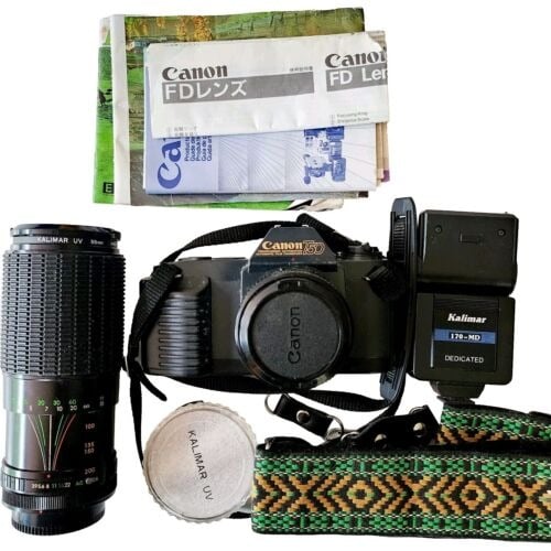 Canon T50 35mm SLR Camera w/ Accessories Telephoto Lens Flash Vintage ELEC