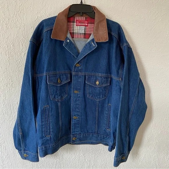Vintage Marlboro Country Store Denim Jean Jacket Four Pockets XL Leather Collar