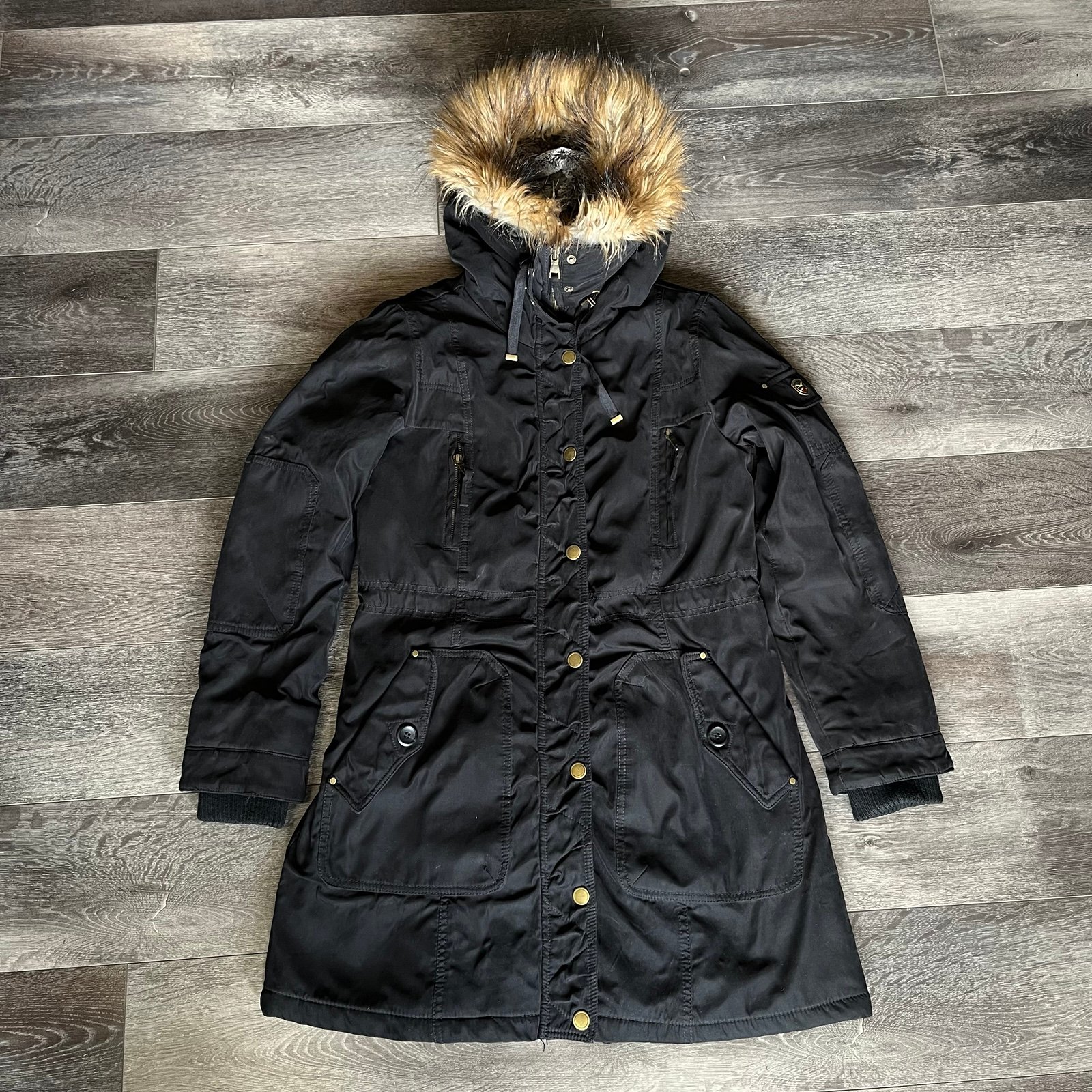 Women's 1 Madison Expedition Coat Faux Fur Hooded Jacket Parka Size Small Black