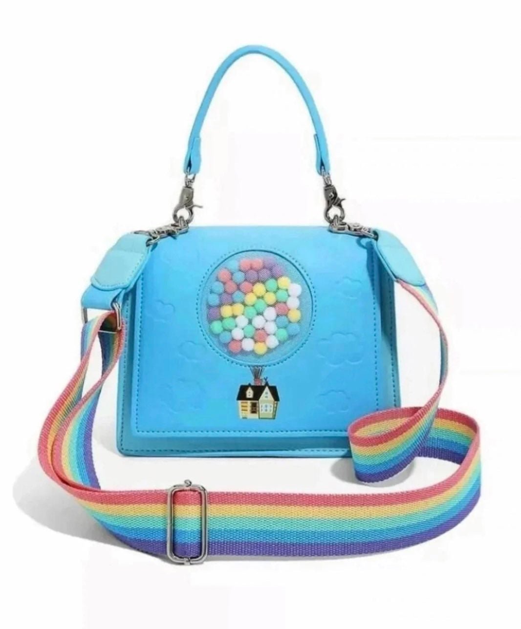 Loungefly UP Balloon Pom Pom Crossbody Bag - Rainbow Strap NWT
