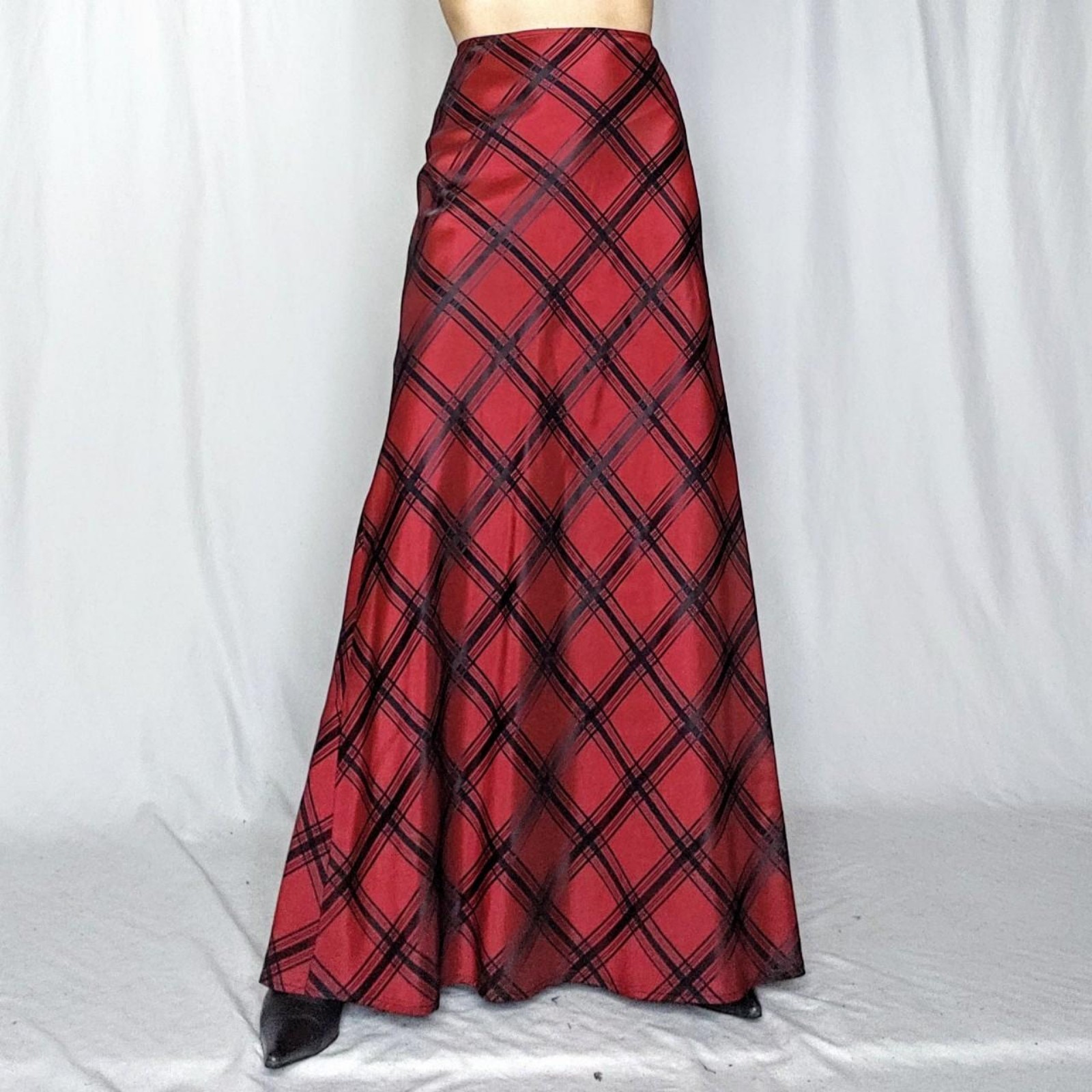 Blood red bias plaid formal maxi skirt