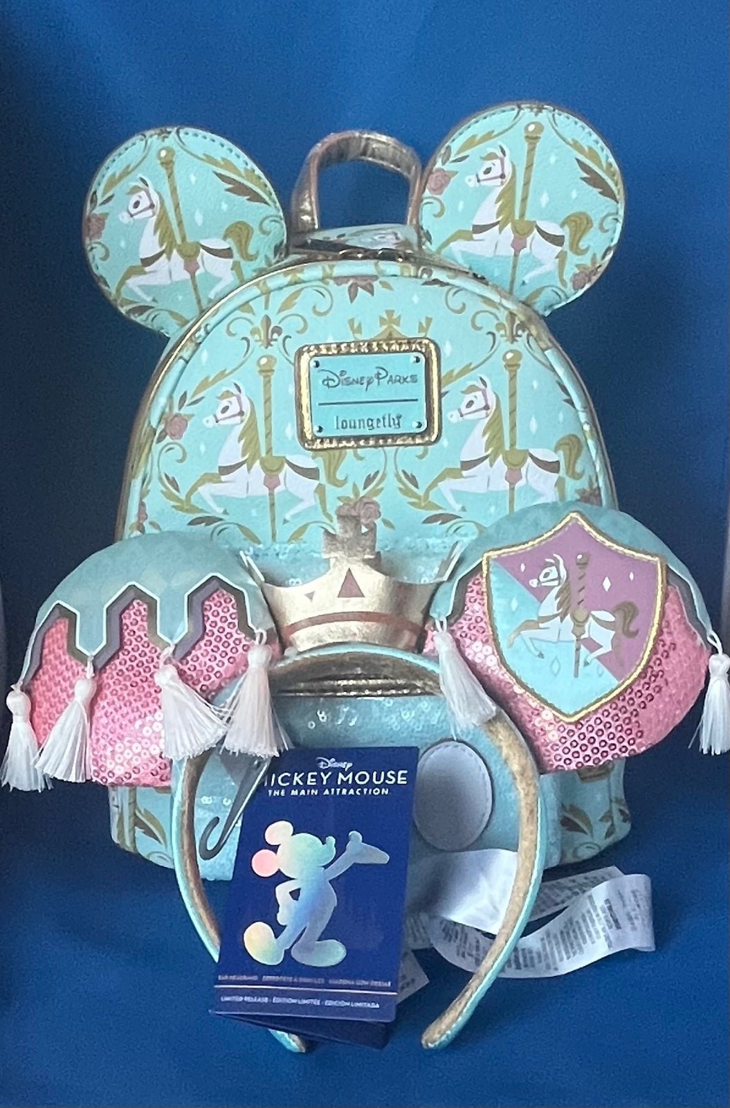 Disney Parks MMMA Prince Charming Carrousel Loungefly Backpack w/ Matching Ears