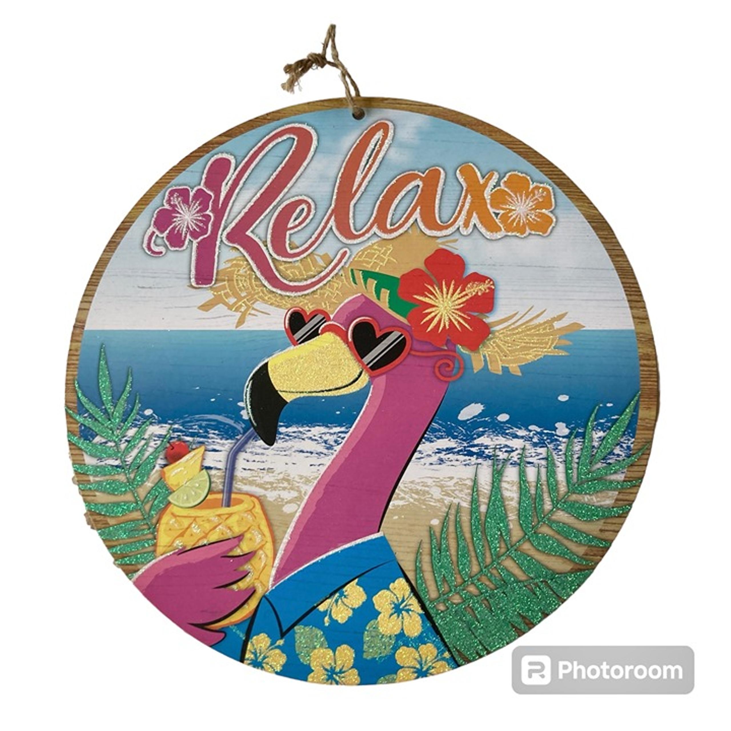 RELAX Tiki Bar Sign Wall Door Flamingo Bird Island Flowers Tropical Drinks Beach