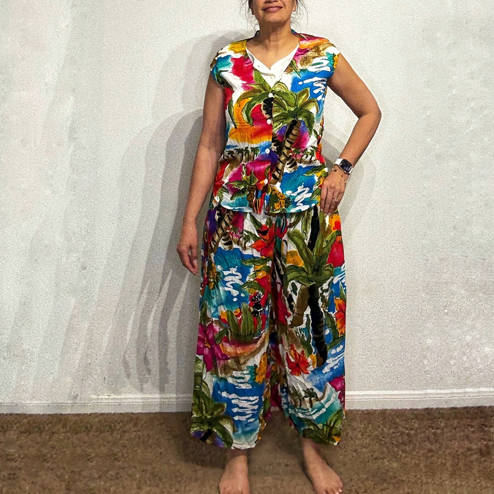 Carole Little White Tropical 2-Piece Vintage High Rise Wide Leg Pant Set Sz 6