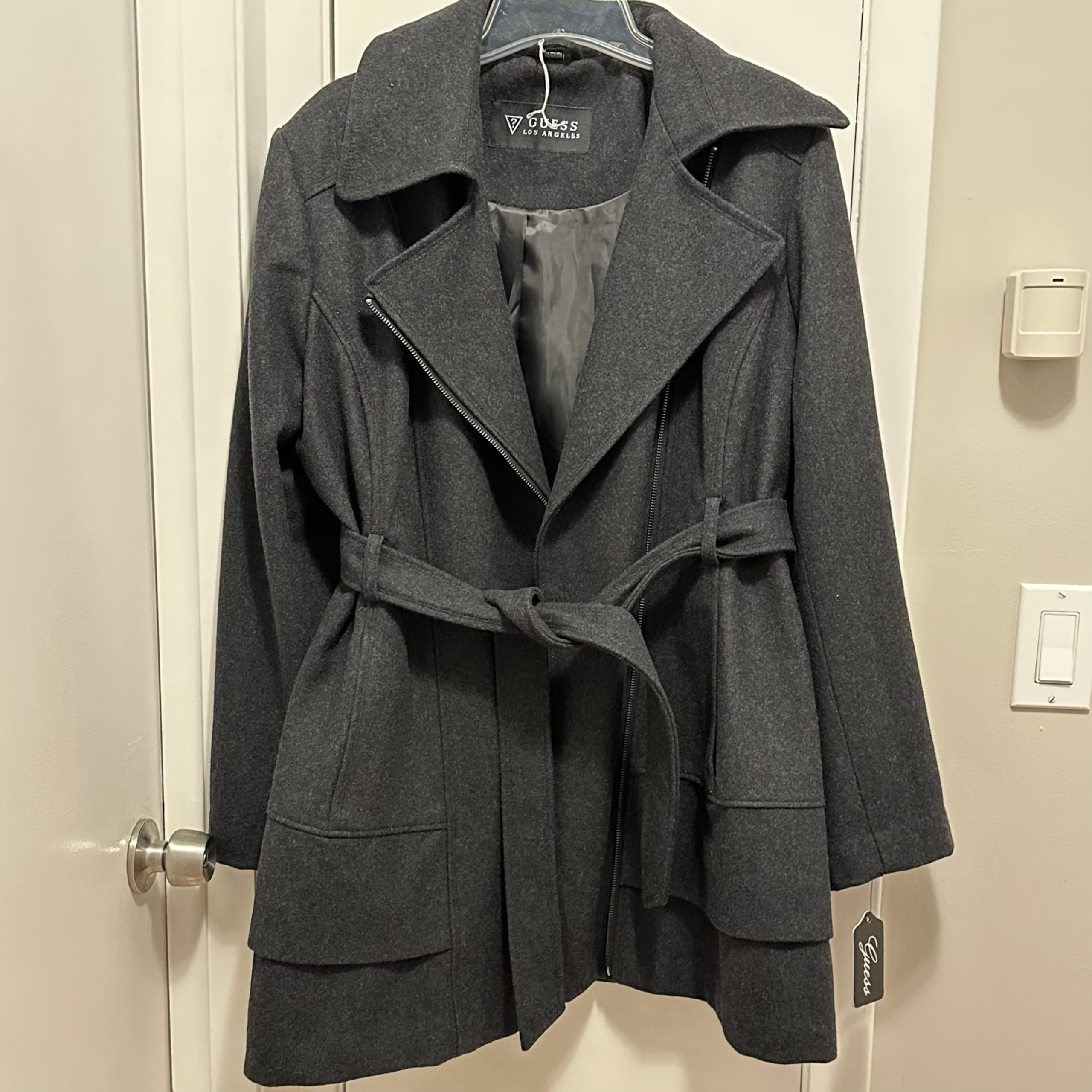 Wool Blend Double Breasted Pea Coat Gray Belt Winter Trench XXL New - GUESS