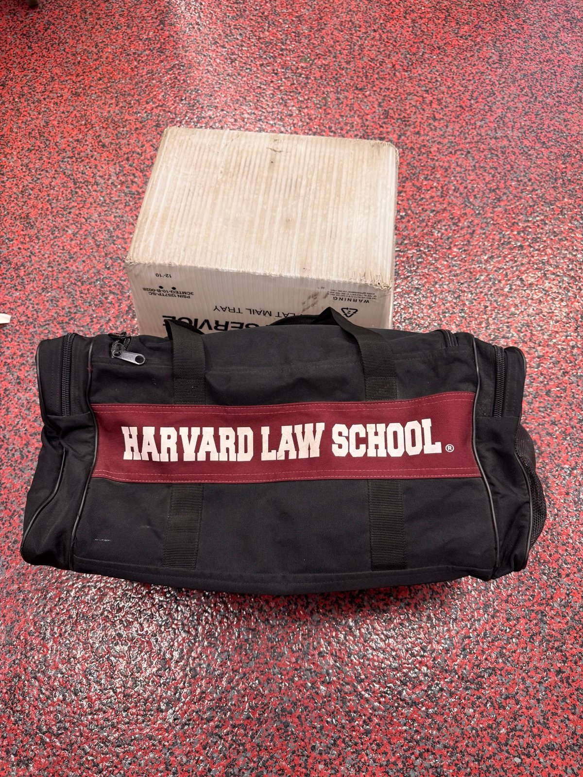 Vintage Harvard Law School black and burgundy duffel bag