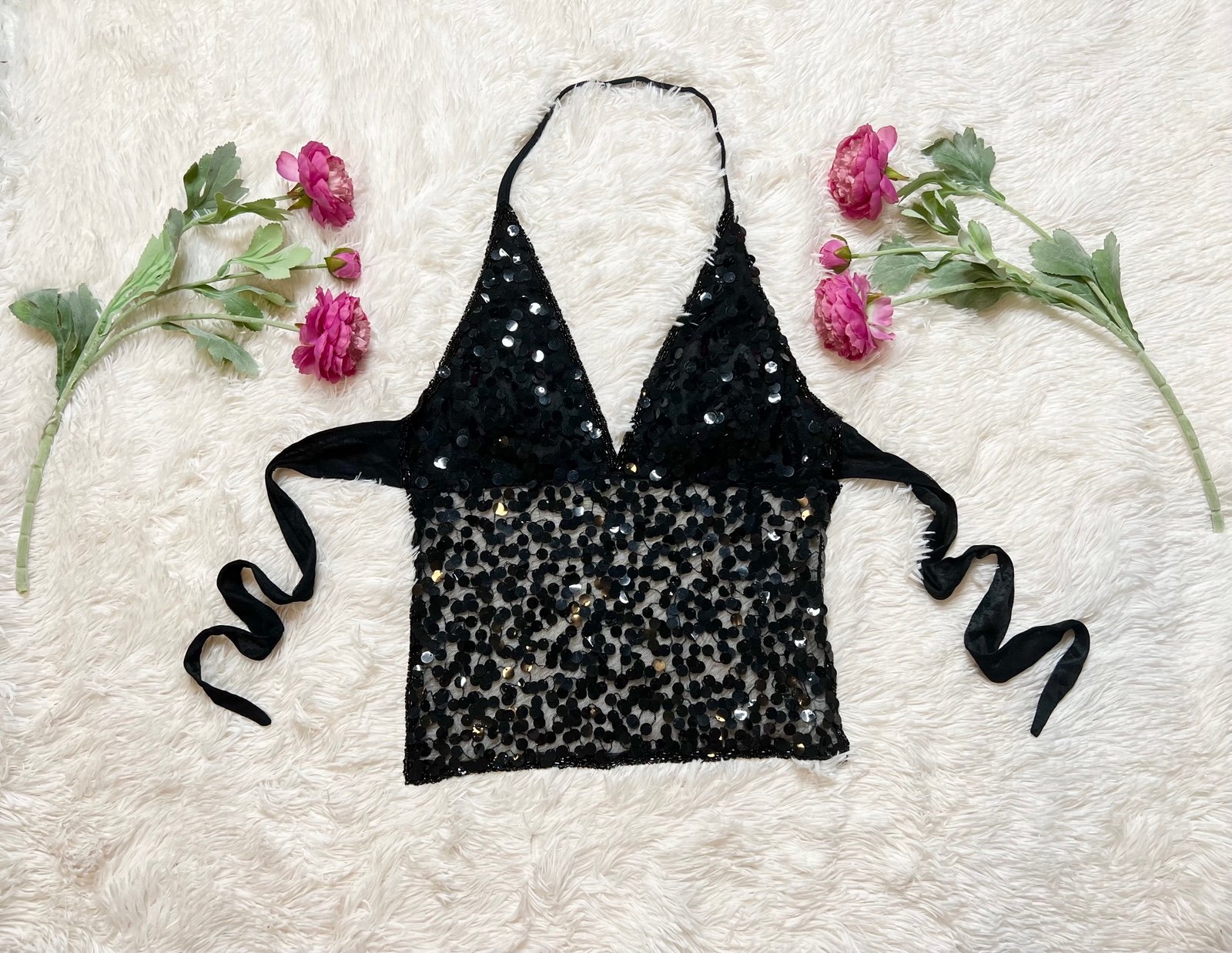 Y2K Deadstock Black Beaded Halter Top