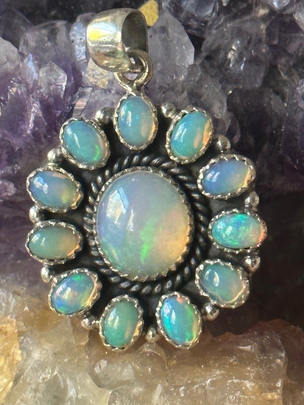 Opal cluster southwestern sterling silver pendant