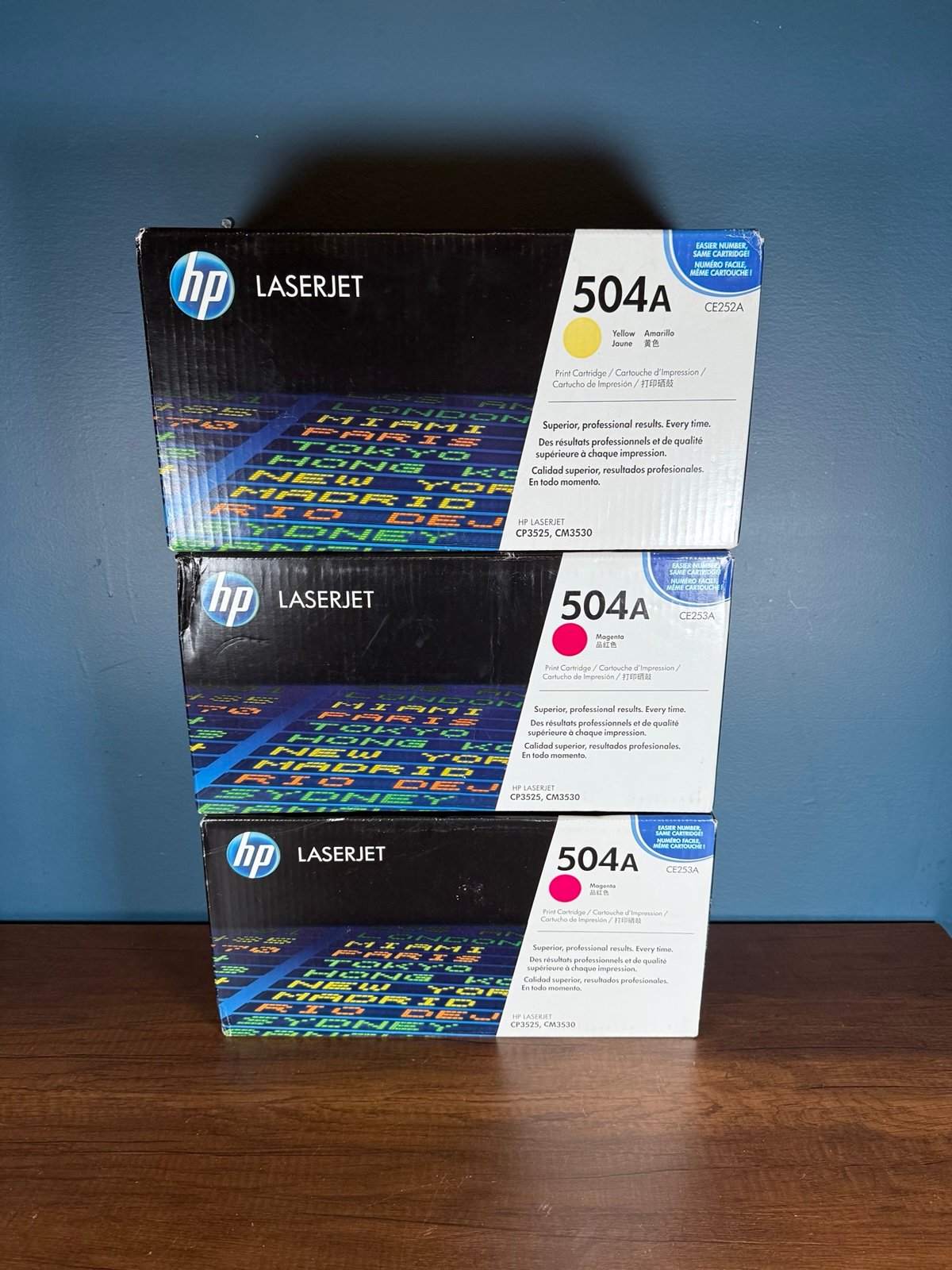 3 GENUINE HP 504A CE252A CE253A LASERJET TONER SEALED BOXES Magenta Yellow