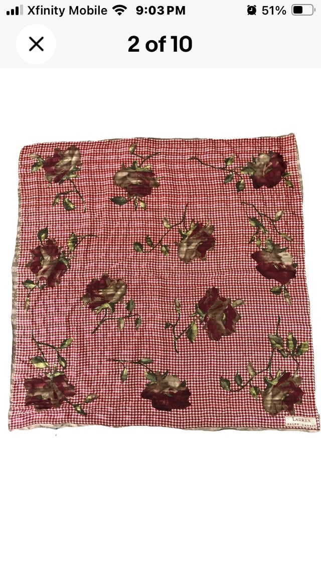 Ralph Lauren Vintage Houndstooth Rose 100% Silk Red Gold Scarf 21”x21”