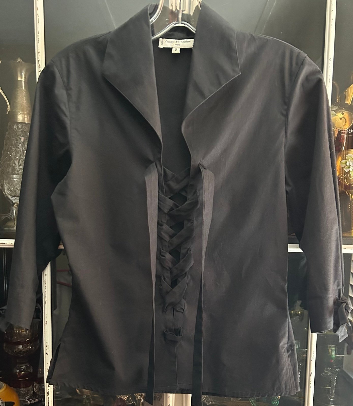 Anne Fontaine - Black Paris Tie Front 3/4” Tie Sleeve Blouse Shirt w/ Stretch-S